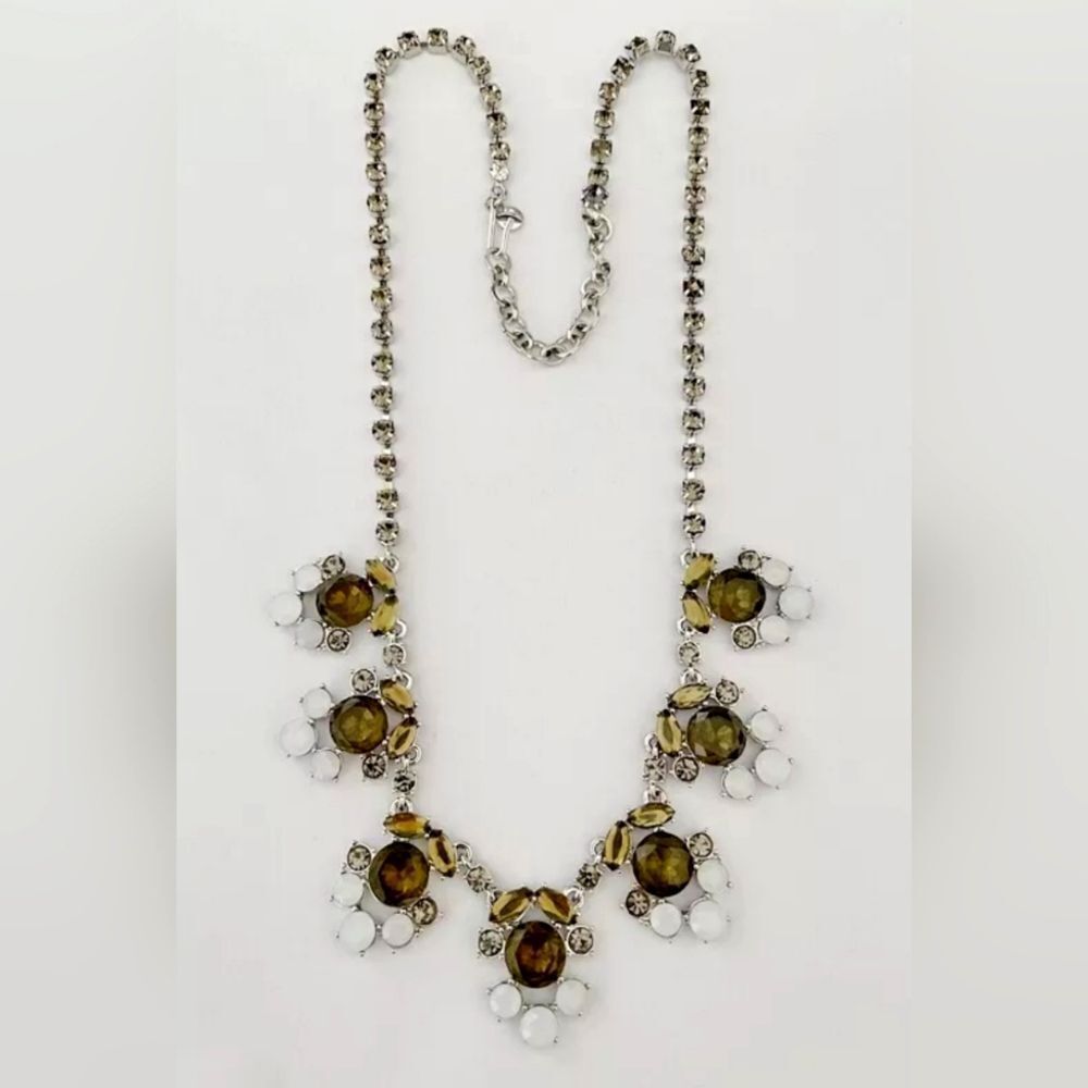 J Crew Floral Necklace with White and Gold Accents Silvertone 22"-25" NWOT